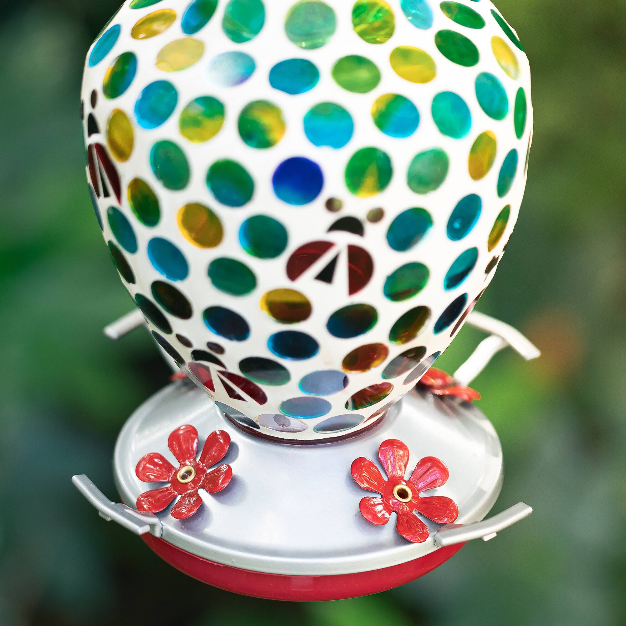 Glitzhome® 8.25" Blue & Green Dots & Ladybugs Glass Hanging Bird Feeder